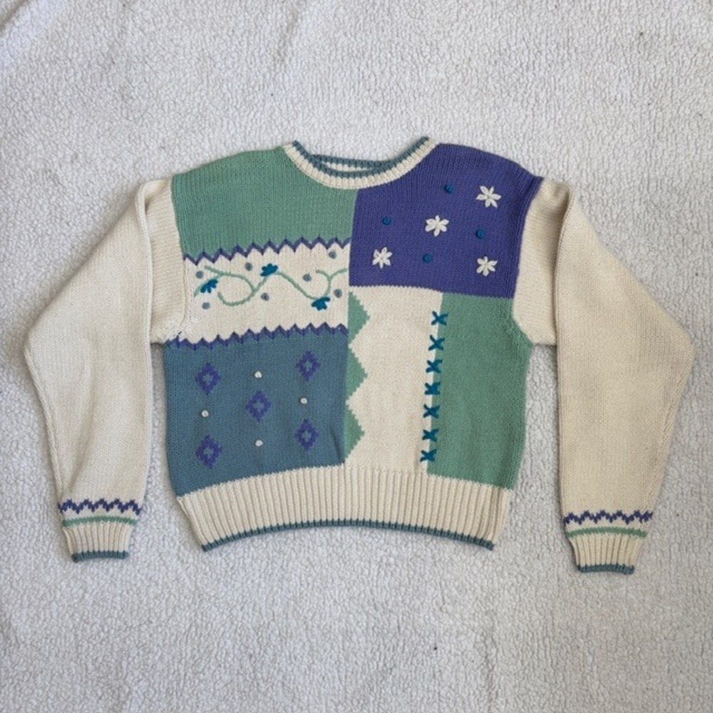 Cottagecore Vintage 90s Patchwork Floral‎ Embroidered Cotton Sweater Womens M